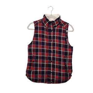 Skies are Blue Plaid Vest Sherpa Red Blue White Womens Size XS